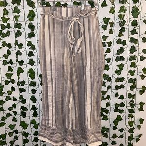 White And Gray Striped Flowy Pants With Tie